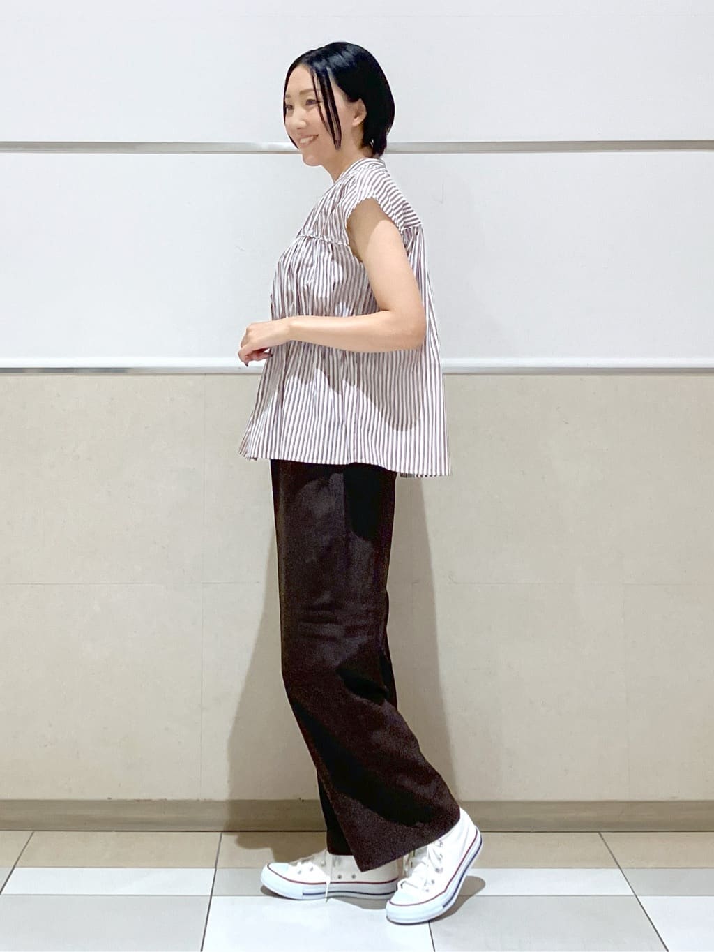 eriko さんの「Dessin｜【洗える】ストライプ柄ギャザーブラウス」を使ったコーディネート
