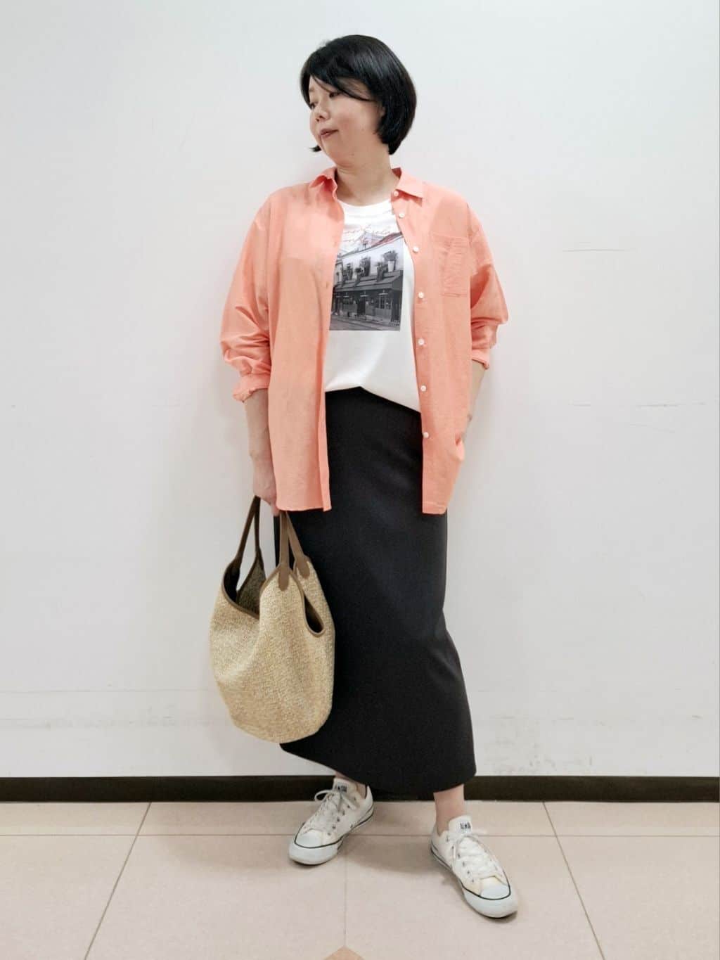 ねぎさんの「UNTITLED｜【後ろウエストゴム/ストレッチ性/オンオフ】ジャージナロースカート」を使ったコーディネート