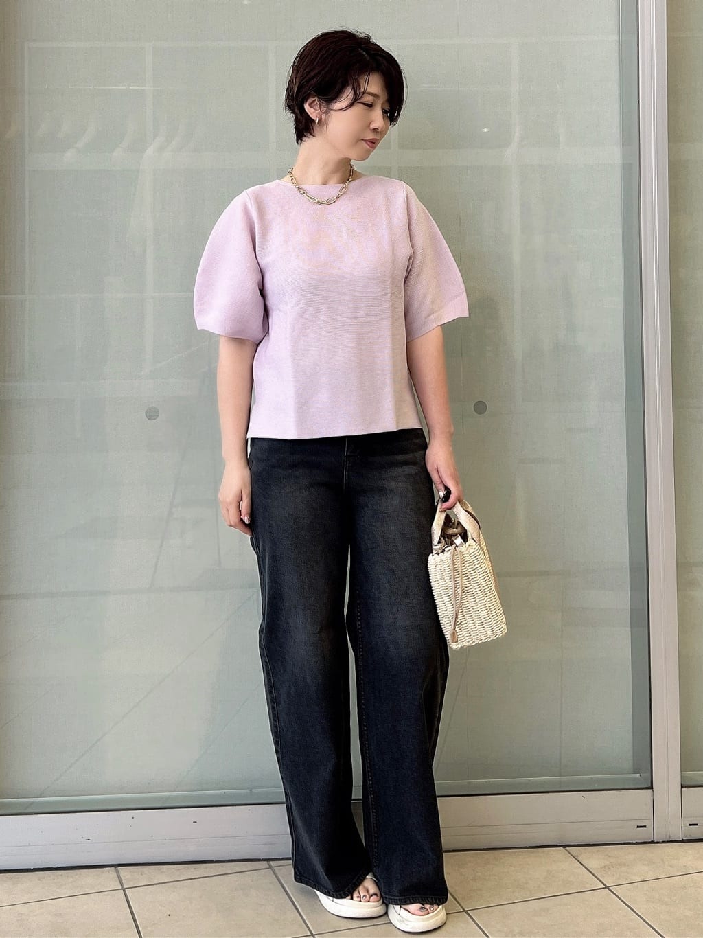 yo-koさんの「OPAQUE.CLIP｜ガーターボリュームスリーブニット【UVケア／洗濯機洗い可】」を使ったコーディネート