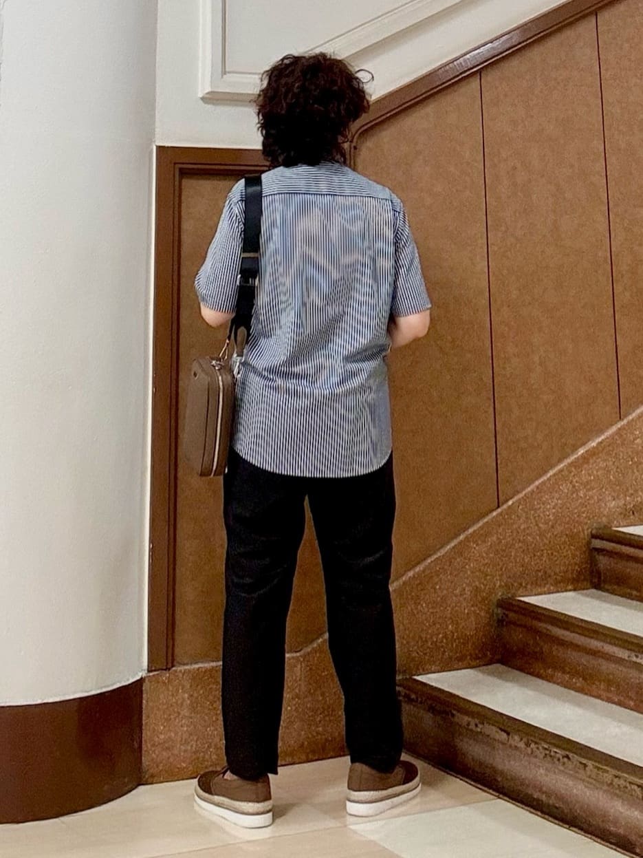 のぐみさんの「TAKEO KIKUCHI｜【COOL CITY WEAR】ストライプジャージ ボタンダウンシャツ /接触冷感」を使ったコーディネート