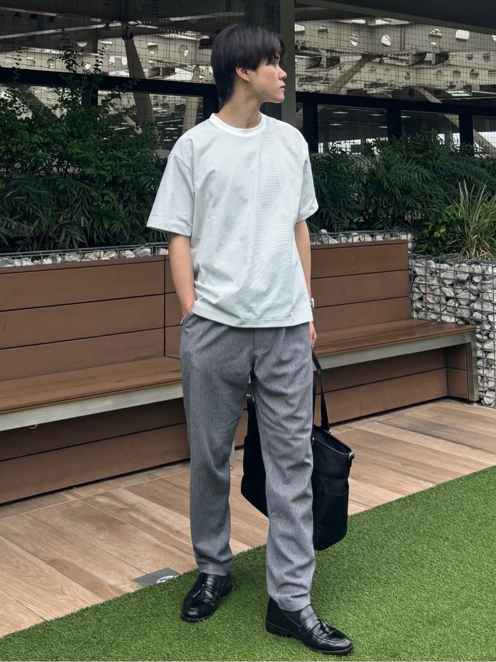 うらしーさんの「THE SHOP TK｜パーフェクテックボーダー 半袖Tシャツ 吸水速乾／洗濯機OK」を使ったコーディネート