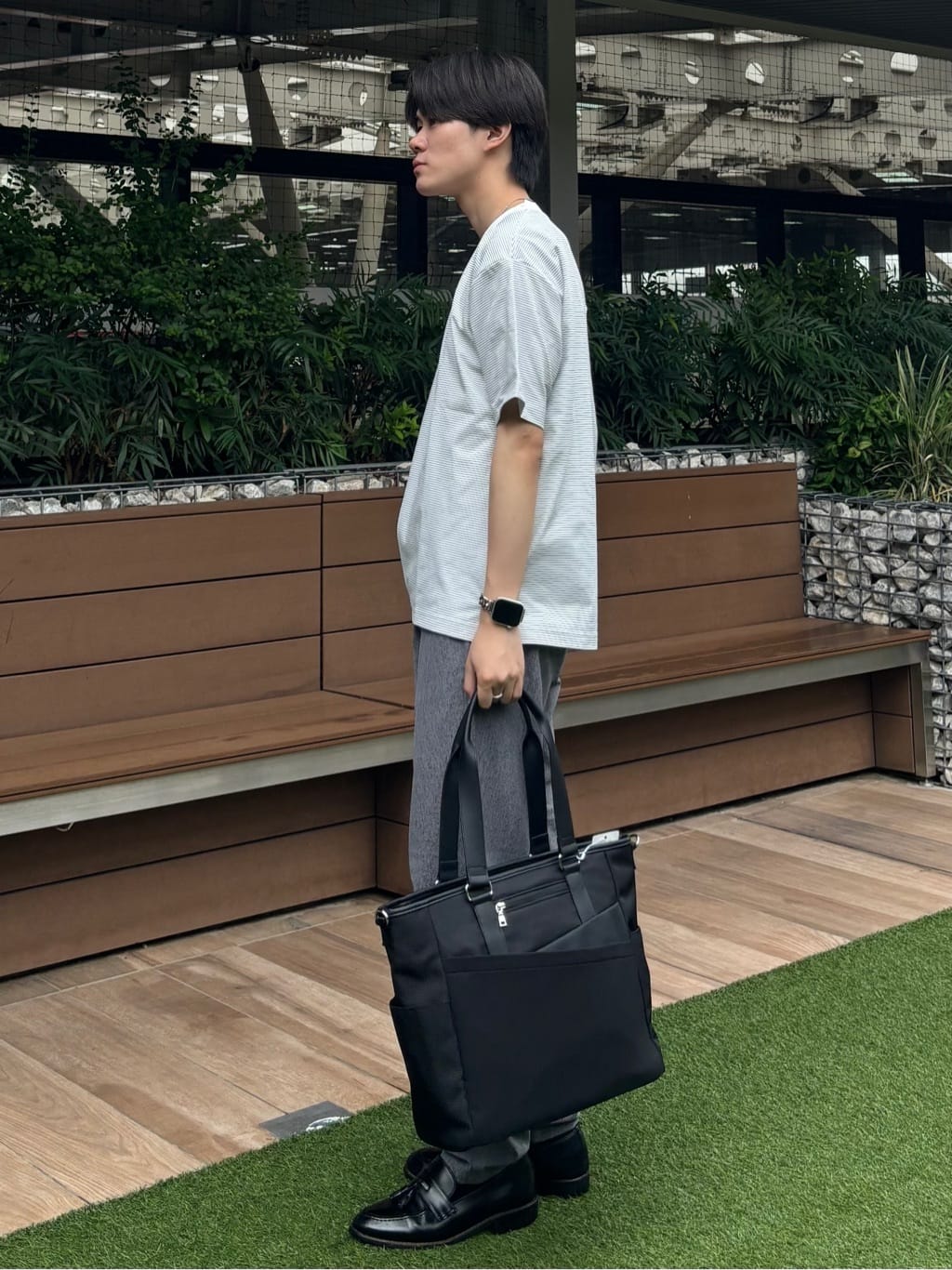 うらしーさんの「THE SHOP TK｜パーフェクテックボーダー 半袖Tシャツ 吸水速乾／洗濯機OK」を使ったコーディネート
