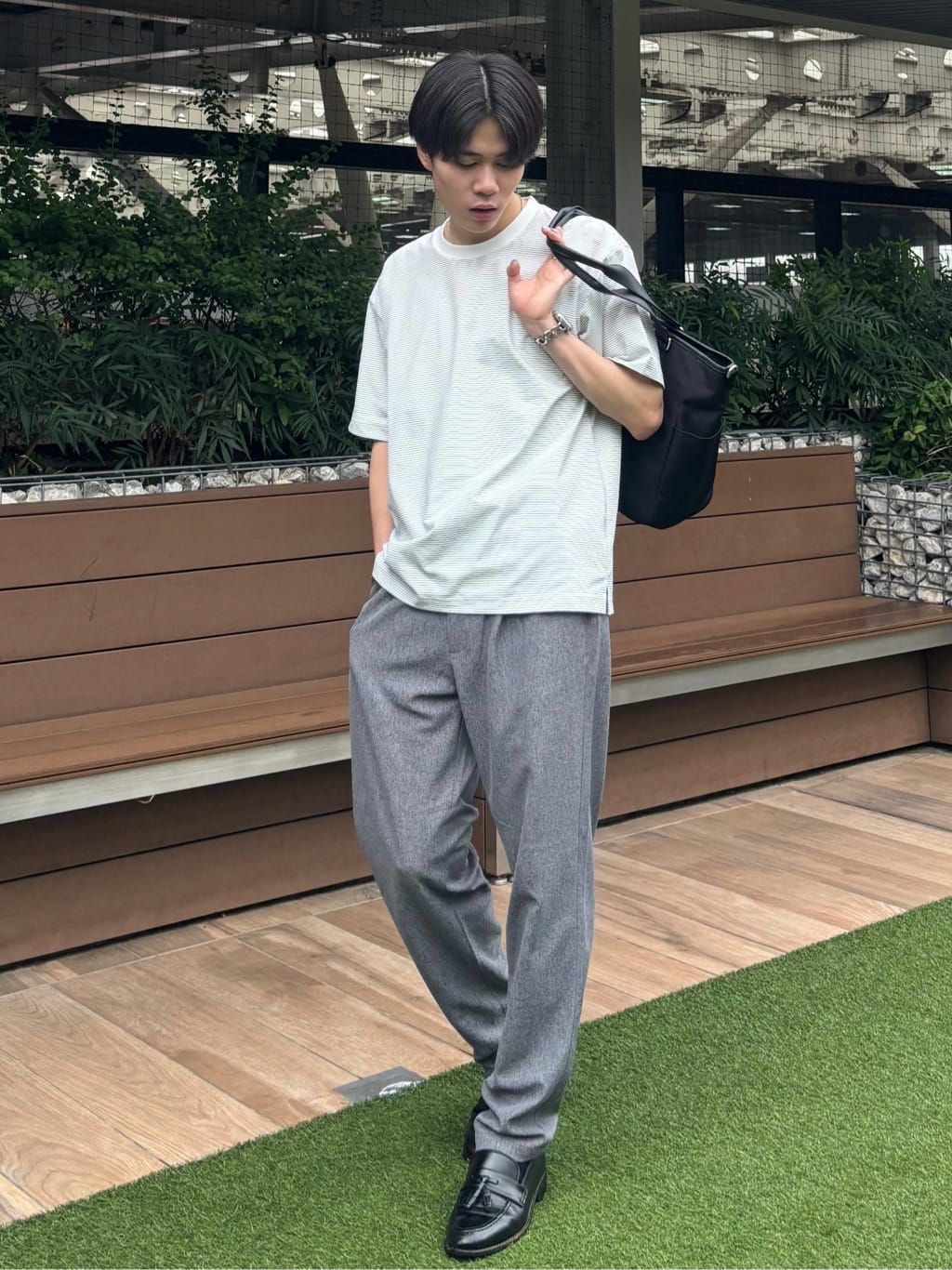 うらしーさんの「THE SHOP TK｜パーフェクテックボーダー 半袖Tシャツ 吸水速乾／洗濯機OK」を使ったコーディネート