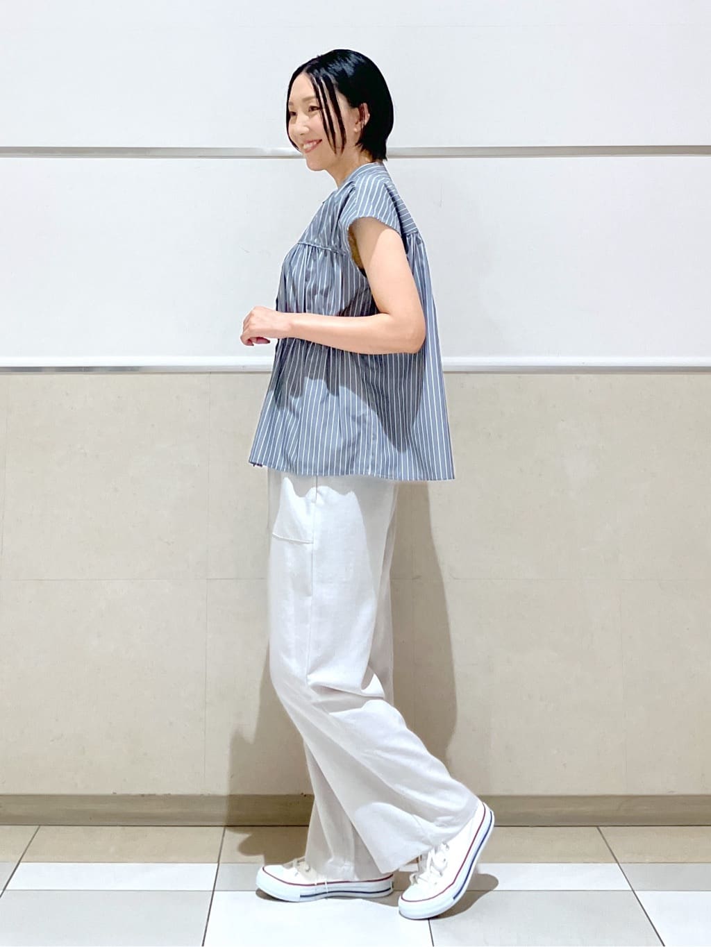 eriko さんの「Dessin｜【洗える】ストライプ柄ギャザーブラウス」を使ったコーディネート