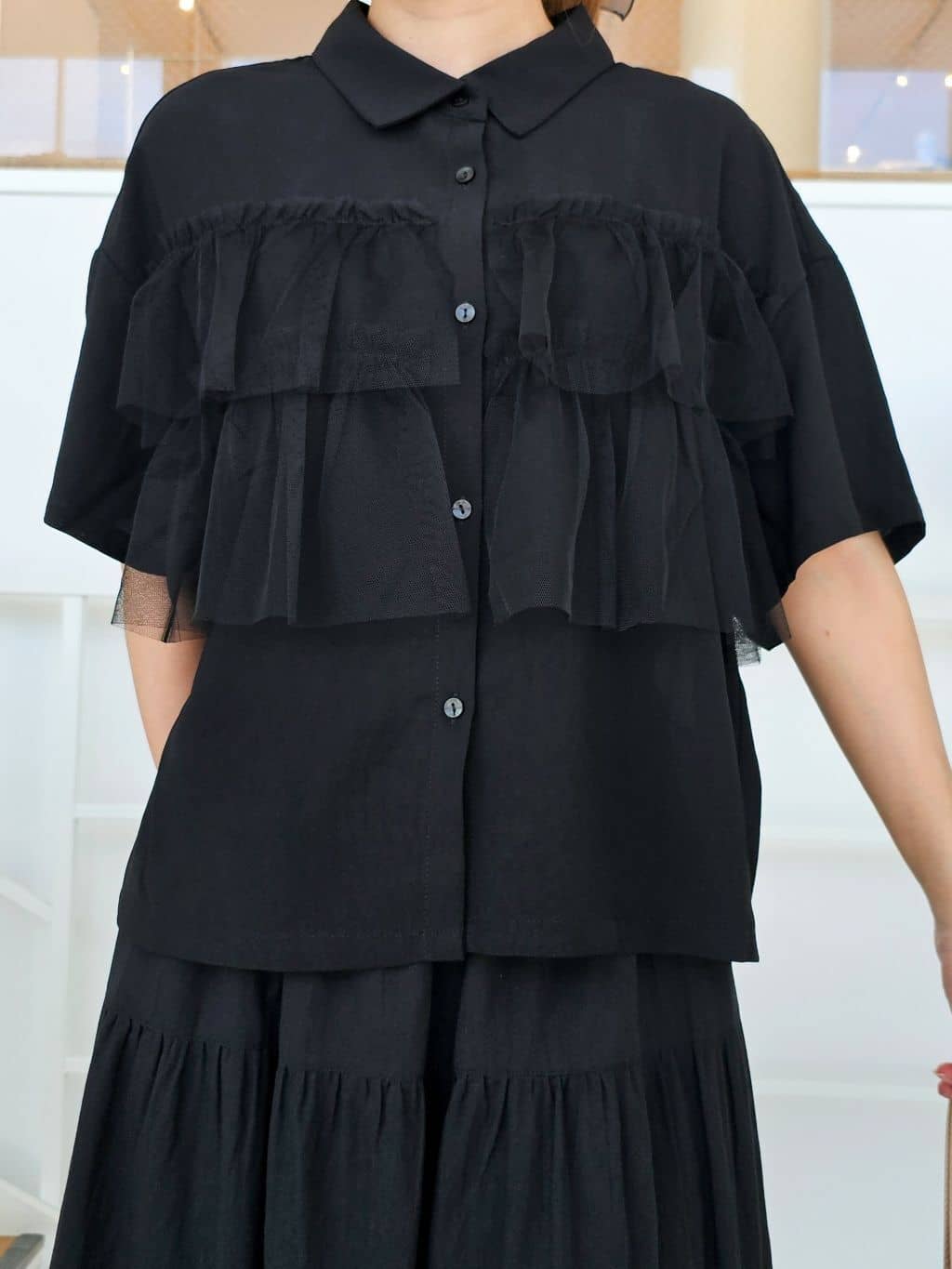 ゆゆさんの「SHOO･LA･RUE｜【S-LL】一枚でサマ見え チュールドッキングシャツ」を使ったコーディネート