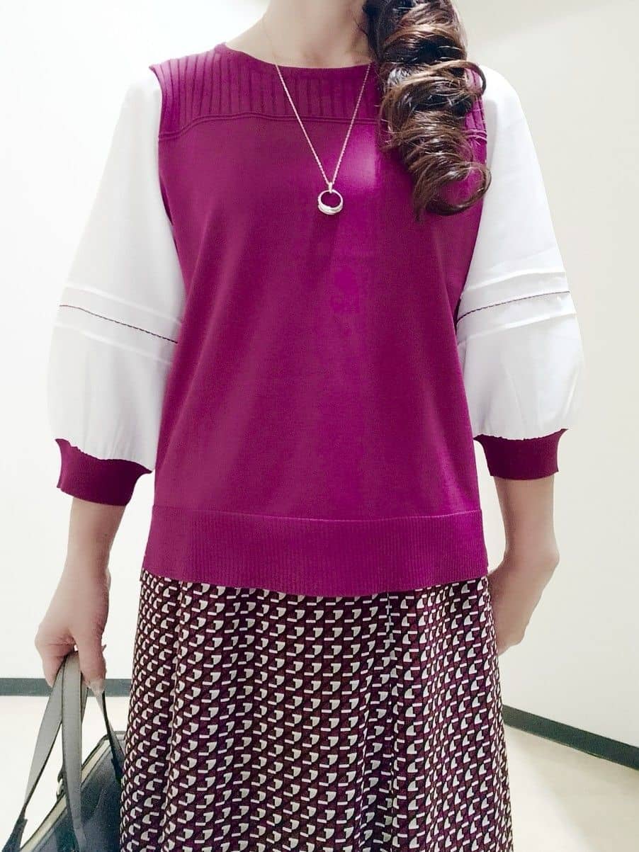 花さんの「Reflect｜【WEB先行カラーあり／手洗い可】ジョーゼットスリーブ&times;ニット」を使ったコーディネート