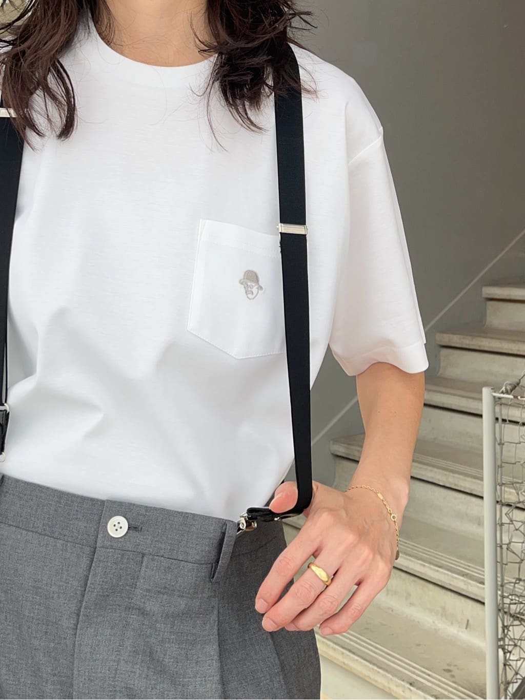 神野（jinno）さんの「TAKEO KIKUCHI｜【COOL CITY WEAR】ワンポイント刺しゅう ポケットTシャツ /接触冷感」を使ったコーディネート