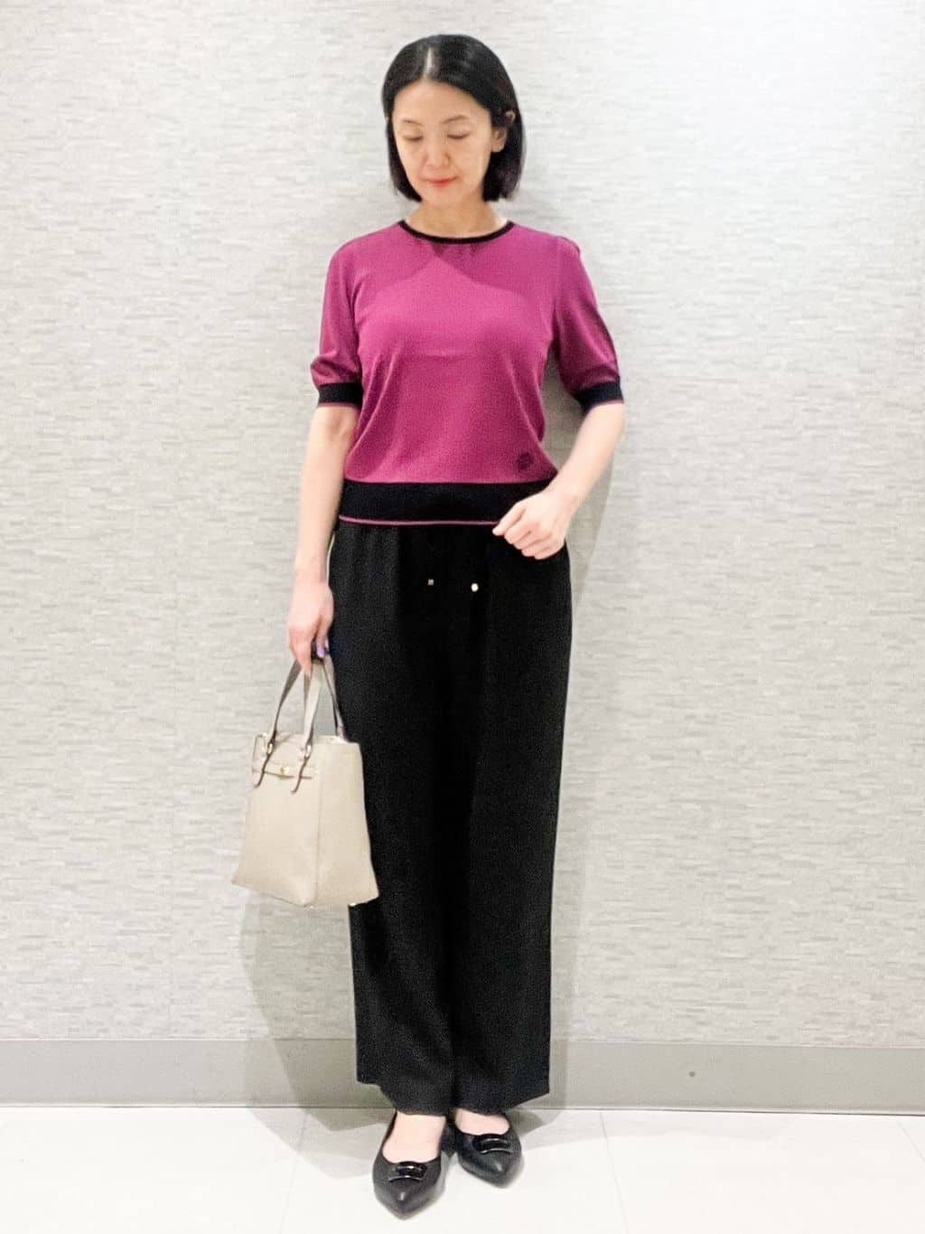 marikoさんの「Reflect｜【WEB先行カラーあり／手洗い可／アンサンブル可】バイカラー五分袖ニット」を使ったコーディネート