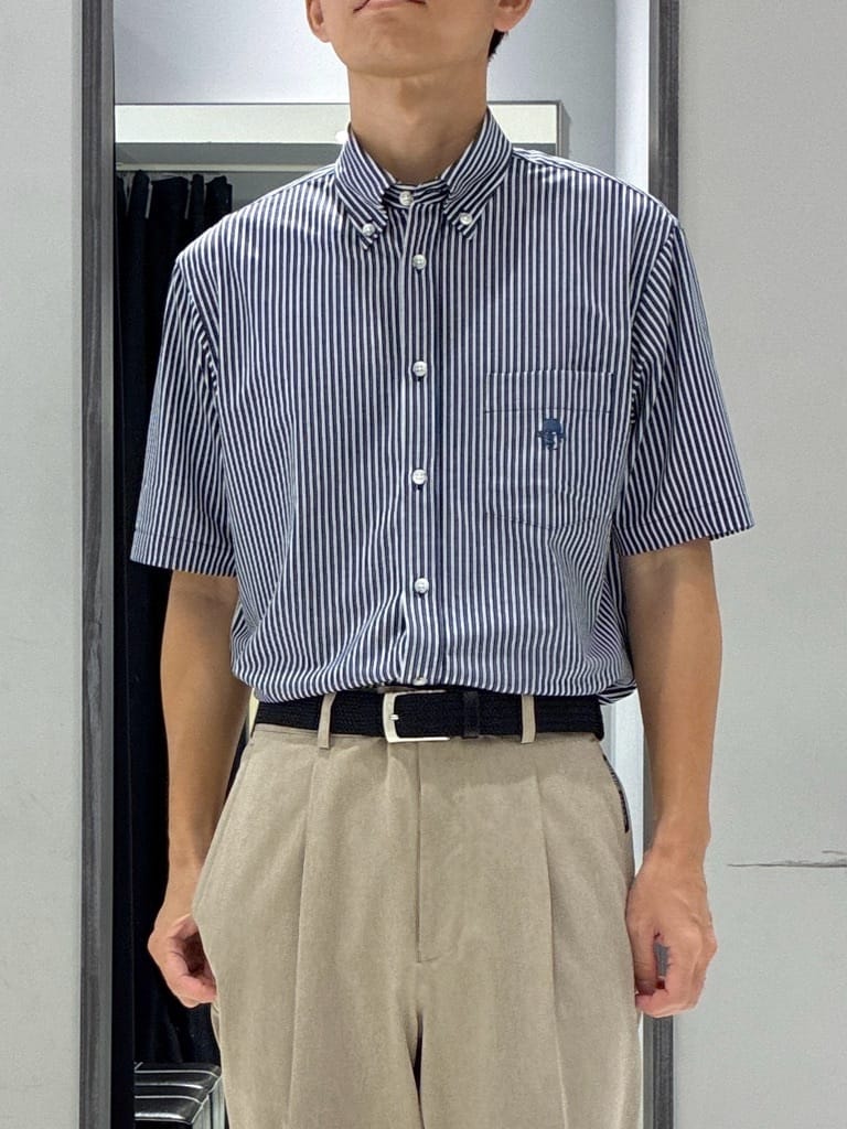 わいずみさんの「TAKEO KIKUCHI｜【COOL CITY WEAR】ストライプジャージ ボタンダウンシャツ /接触冷感」を使ったコーディネート