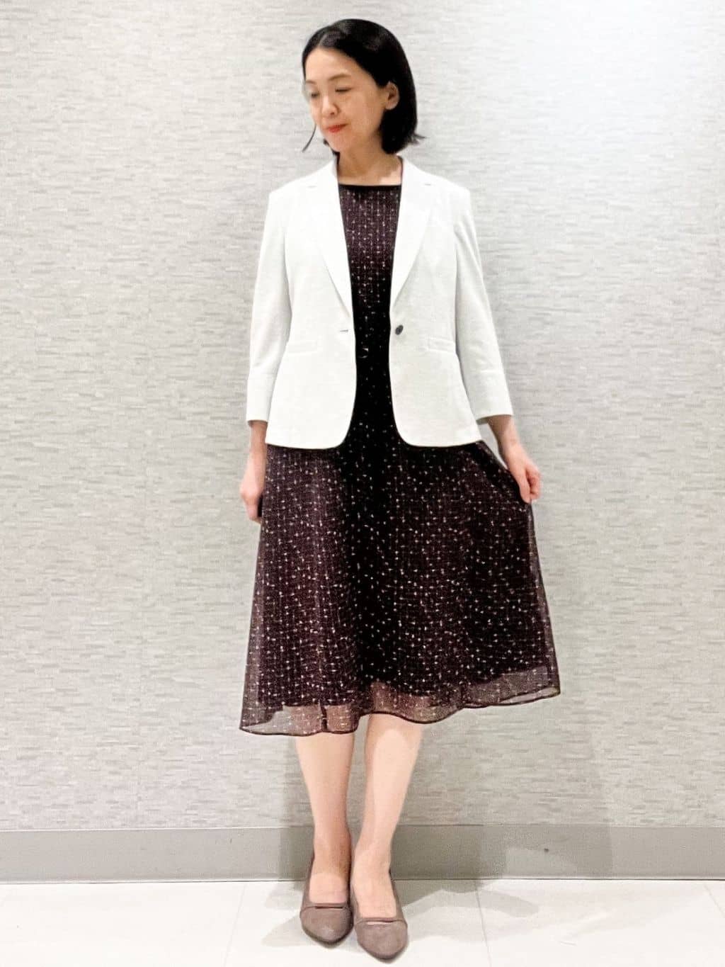 marikoさんの「Reflect｜【WEB先行カラーあり／マシンウォッシュ可／ナローベルト付き】オフボディツイードチェックワンピース」を使ったコーディネート