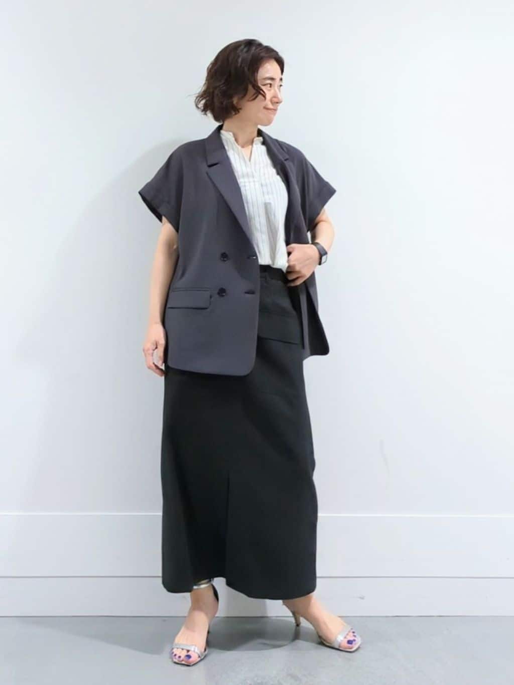 ミズタさんの「UNTITLED｜【洗える/スキッパー】フレンチスリーブシアーブラウス」を使ったコーディネート