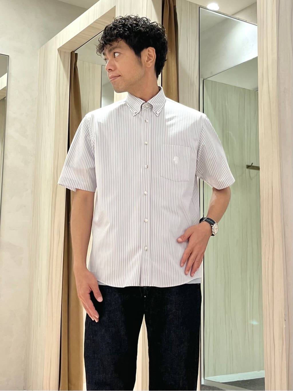 URAさんの「TAKEO KIKUCHI｜【COOL CITY WEAR】ストライプジャージ ボタンダウンシャツ /接触冷感」を使ったコーディネート