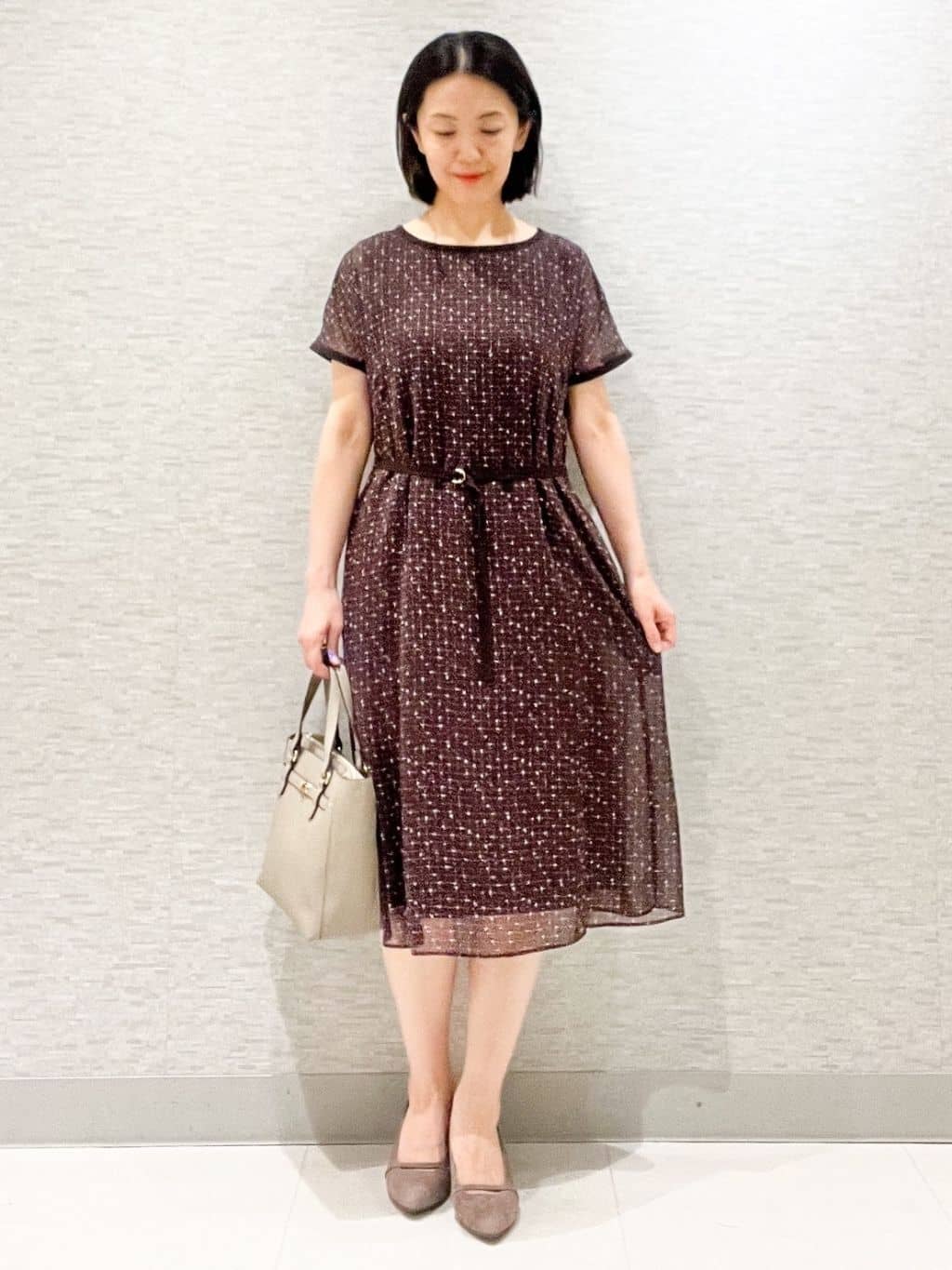 marikoさんの「Reflect｜【WEB先行カラーあり／マシンウォッシュ可／ナローベルト付き】オフボディツイードチェックワンピース」を使ったコーディネート