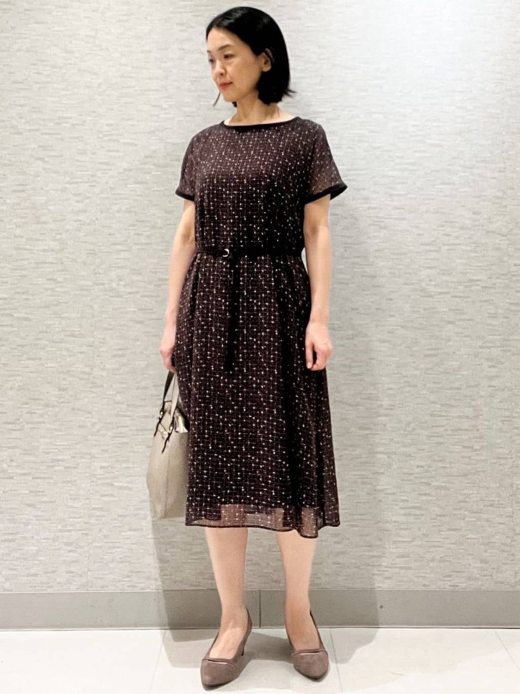 marikoさんの「Reflect｜【WEB先行カラーあり／マシンウォッシュ可／ナローベルト付き】オフボディツイードチェックワンピース」を使ったコーディネート
