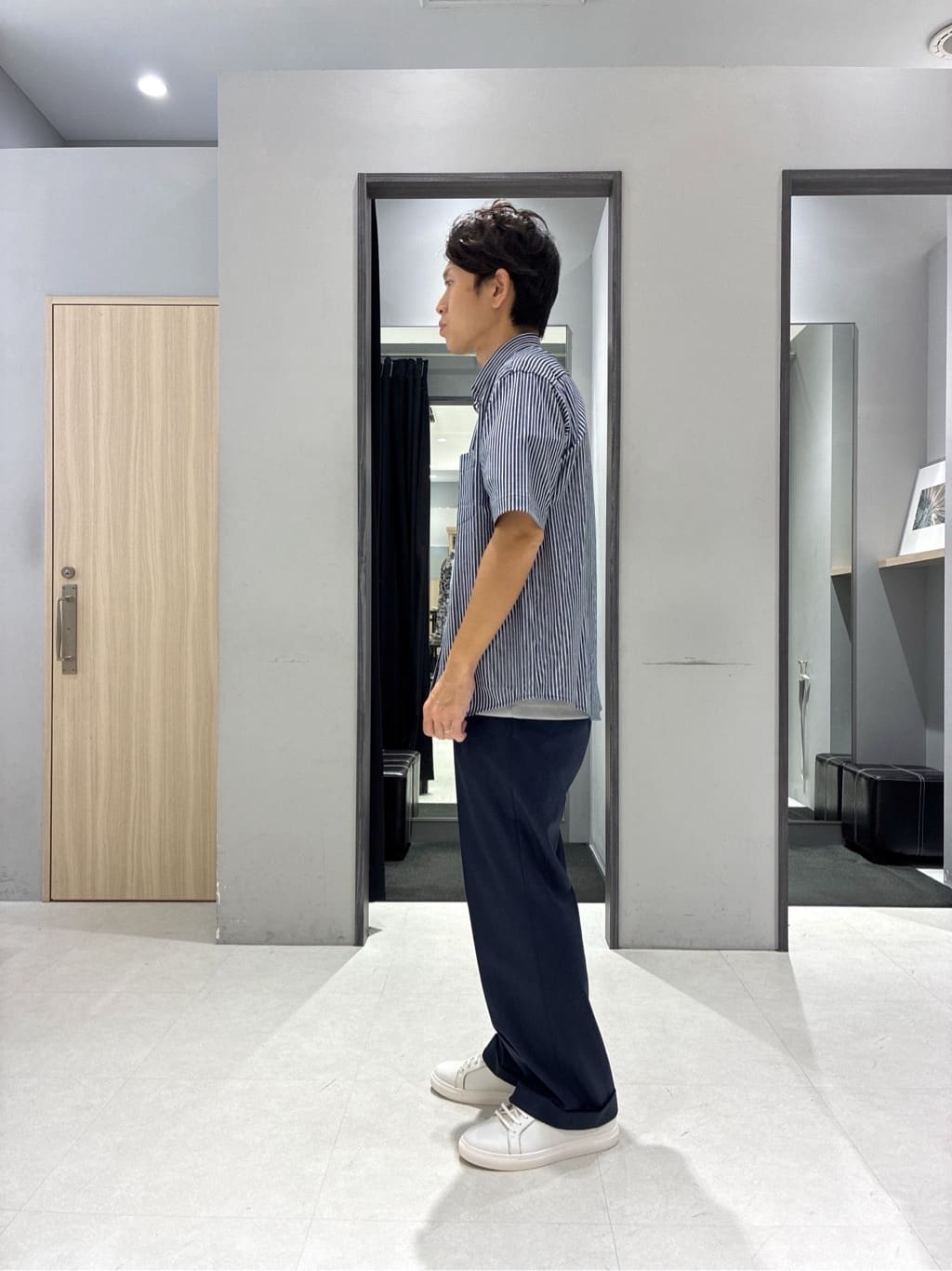 わいずみさんの「TAKEO KIKUCHI｜【COOL CITY WEAR】ストライプジャージ ボタンダウンシャツ /接触冷感」を使ったコーディネート