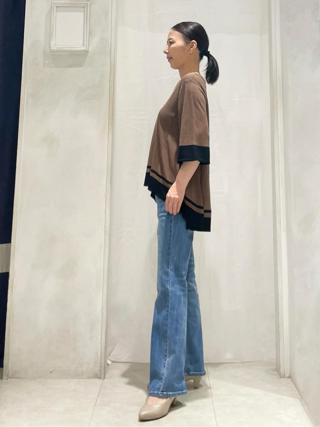 hiroさんの「grove｜涼やか体型カバー　配色シアーニットプルオーバー」を使ったコーディネート