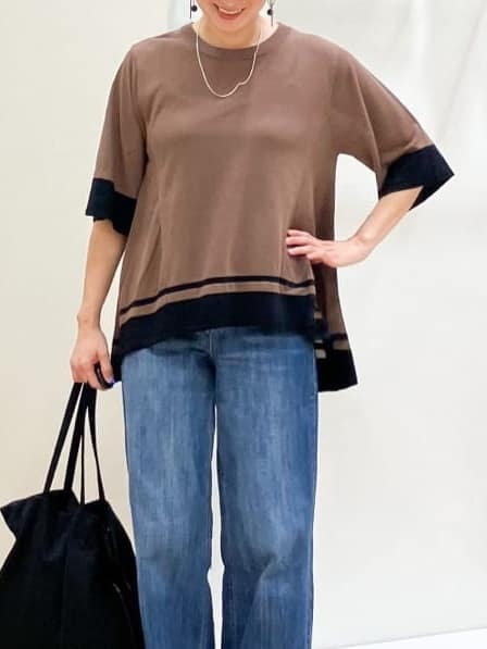 Keiさんの「grove｜涼やか体型カバー　配色シアーニットプルオーバー」を使ったコーディネート
