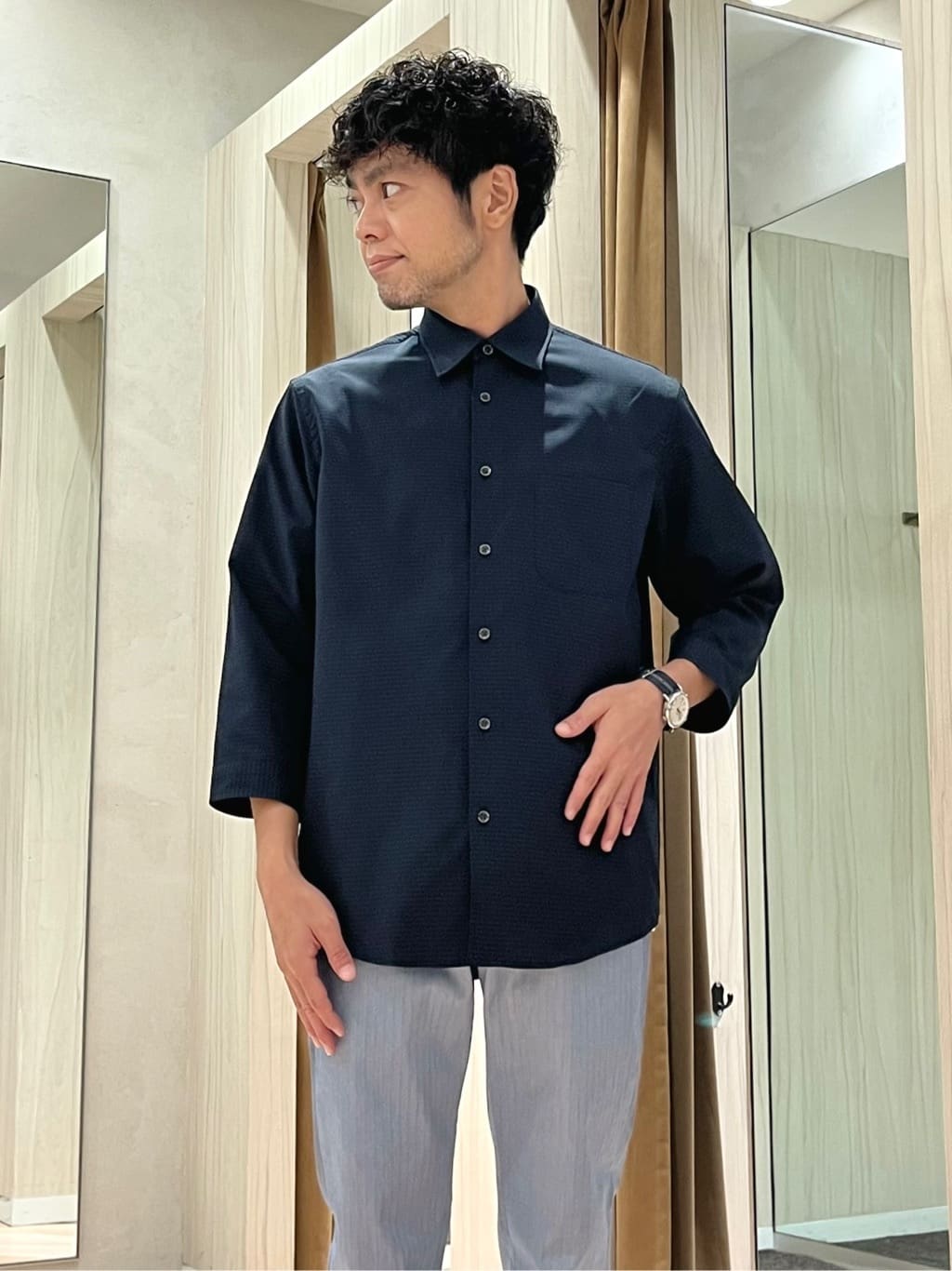 URAさんの「TAKEO KIKUCHI｜【COOL CITY WEAR】DotAir（R）サッカー シャツ」を使ったコーディネート