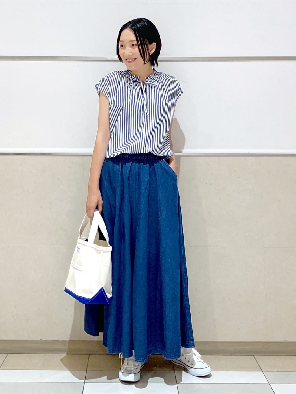eriko さんの「Dessin｜【洗える】ストライプ柄フレンチスリーブスキッパ―ブラウス」を使ったコーディネート