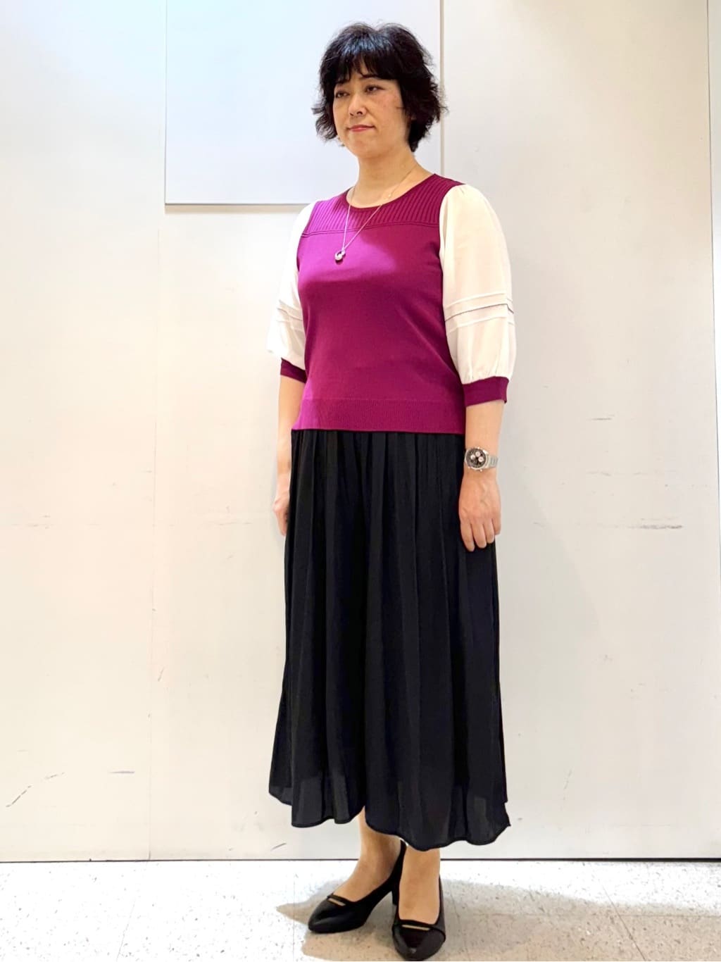ヤスコさんの「Reflect｜【WEB先行カラーあり／手洗い可】ジョーゼットスリーブ&times;ニット」を使ったコーディネート