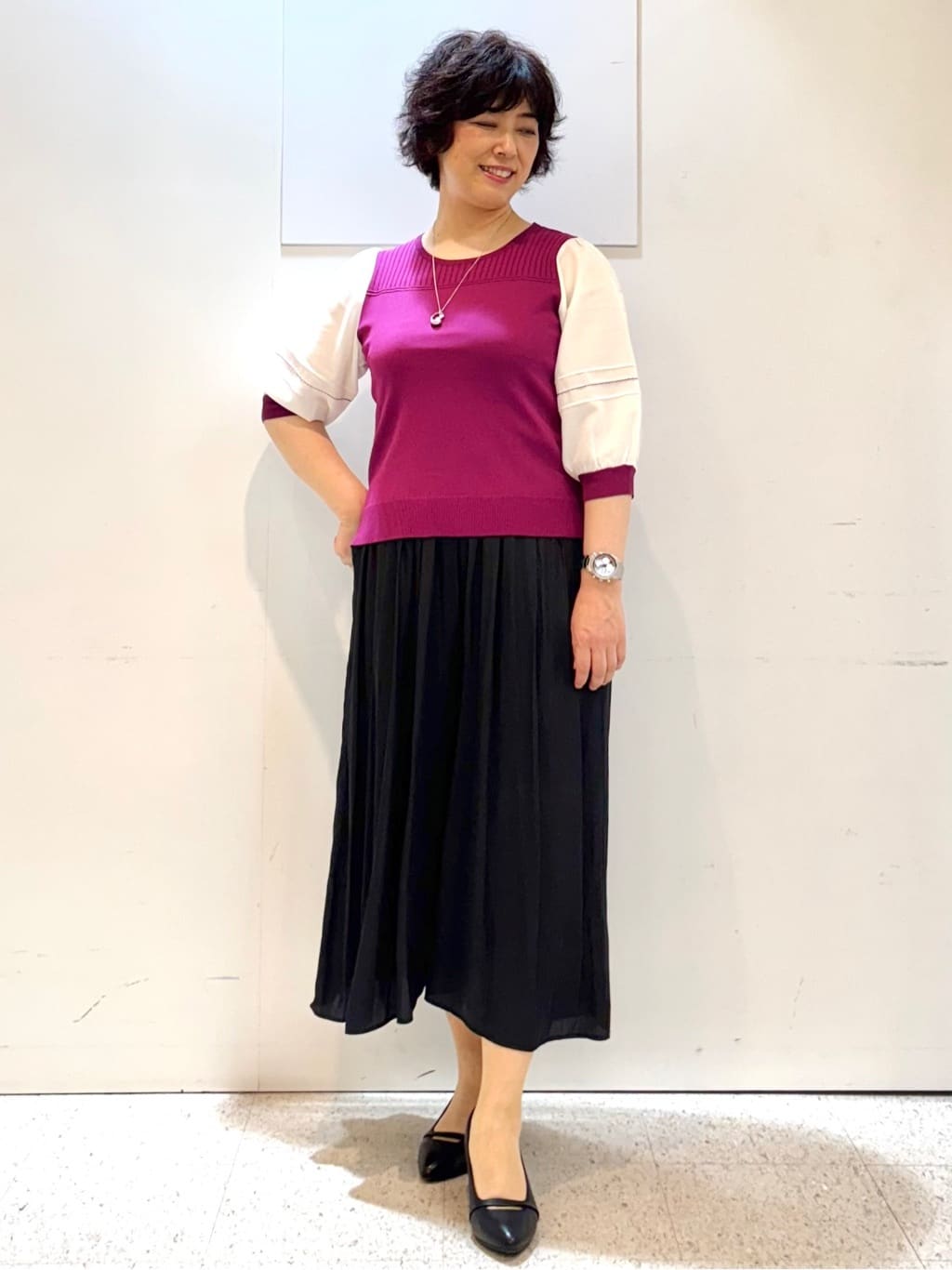 ヤスコさんの「Reflect｜【WEB先行カラーあり／手洗い可】ジョーゼットスリーブ&times;ニット」を使ったコーディネート