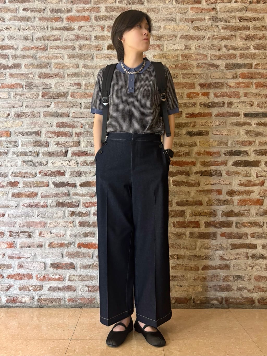 しばさんの「THE SHOP TK｜柄アソートポロニットシャツ【洗濯機OK】」を使ったコーディネート