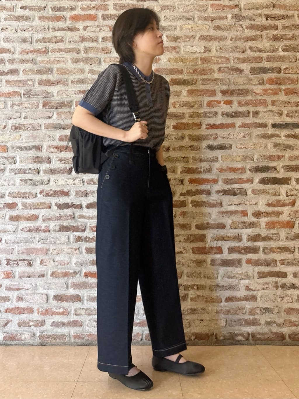 しばさんの「THE SHOP TK｜柄アソートポロニットシャツ【洗濯機OK】」を使ったコーディネート