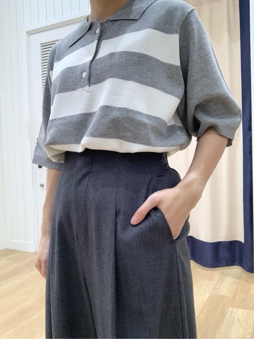 IMARIさんの「Dessin｜【ユニセックス/洗える】ボーダーニットポロシャツ」を使ったコーディネート