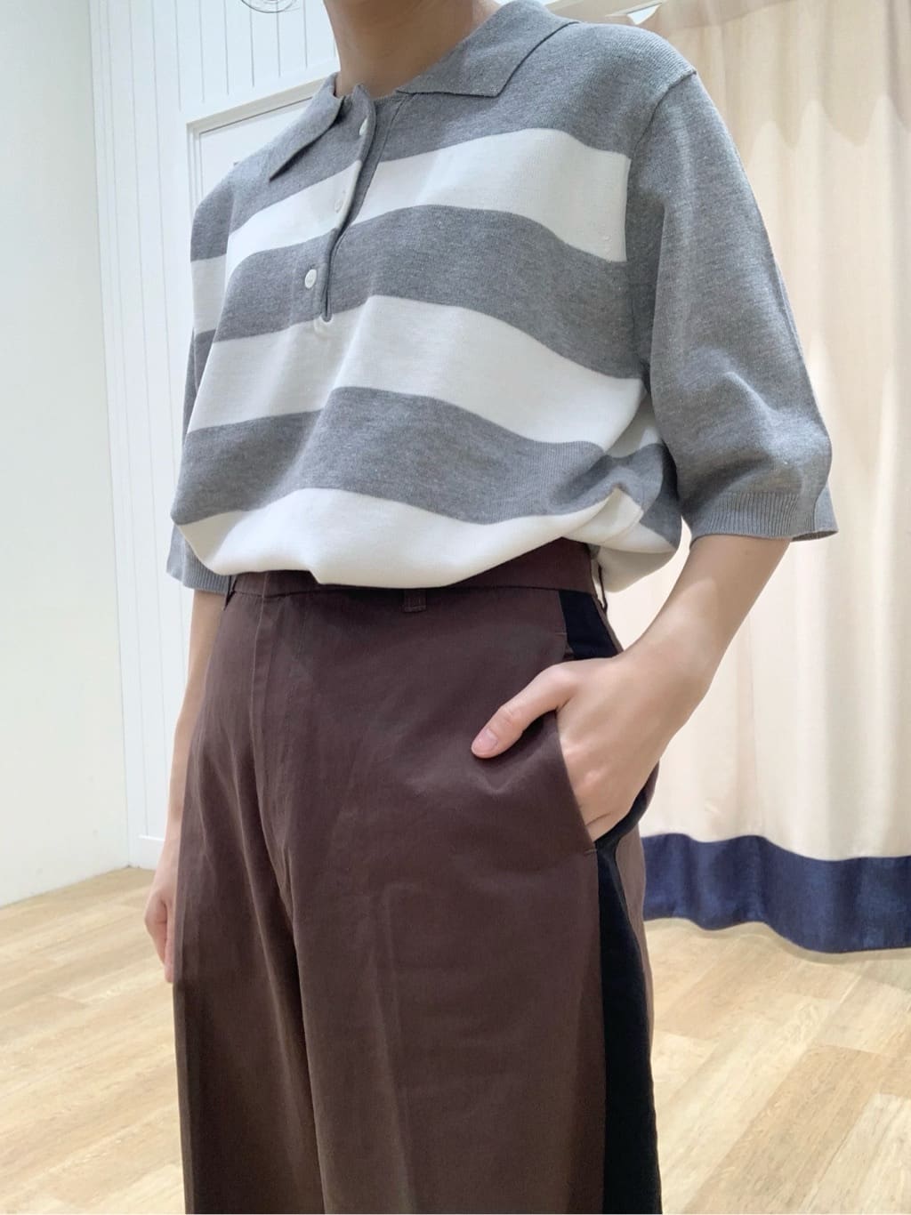 IMARIさんの「Dessin｜【ユニセックス/洗える】ボーダーニットポロシャツ」を使ったコーディネート