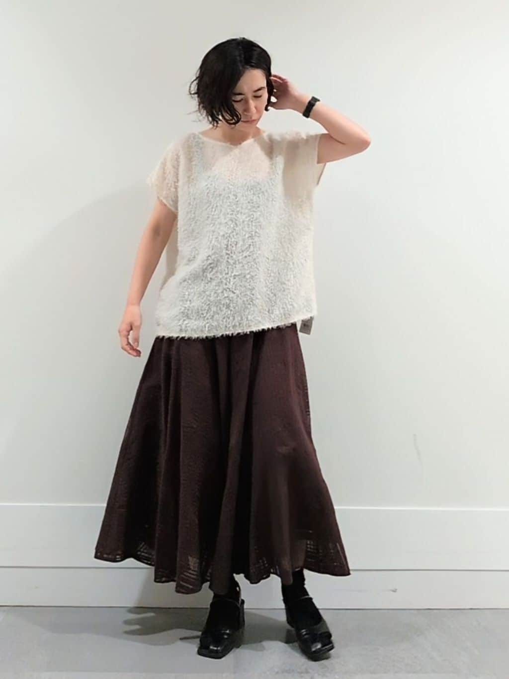 ミズタさんの「UNTITLED｜【セットアップ可/洗える】フェザーフレンチスリーブブラウス」を使ったコーディネート