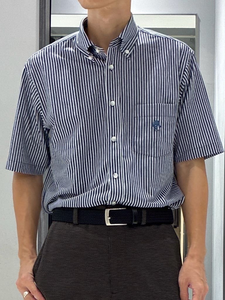 わいずみさんの「TAKEO KIKUCHI｜【COOL CITY WEAR】ストライプジャージ ボタンダウンシャツ /接触冷感」を使ったコーディネート