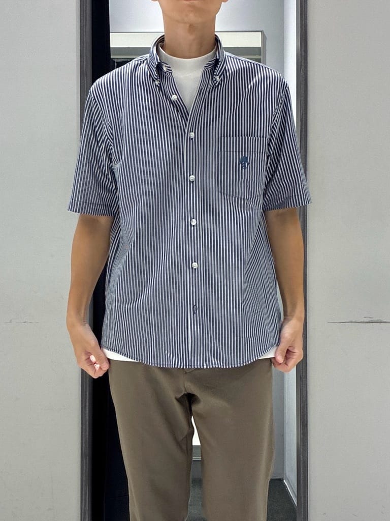 わいずみさんの「TAKEO KIKUCHI｜【COOL CITY WEAR】ストライプジャージ ボタンダウンシャツ /接触冷感」を使ったコーディネート