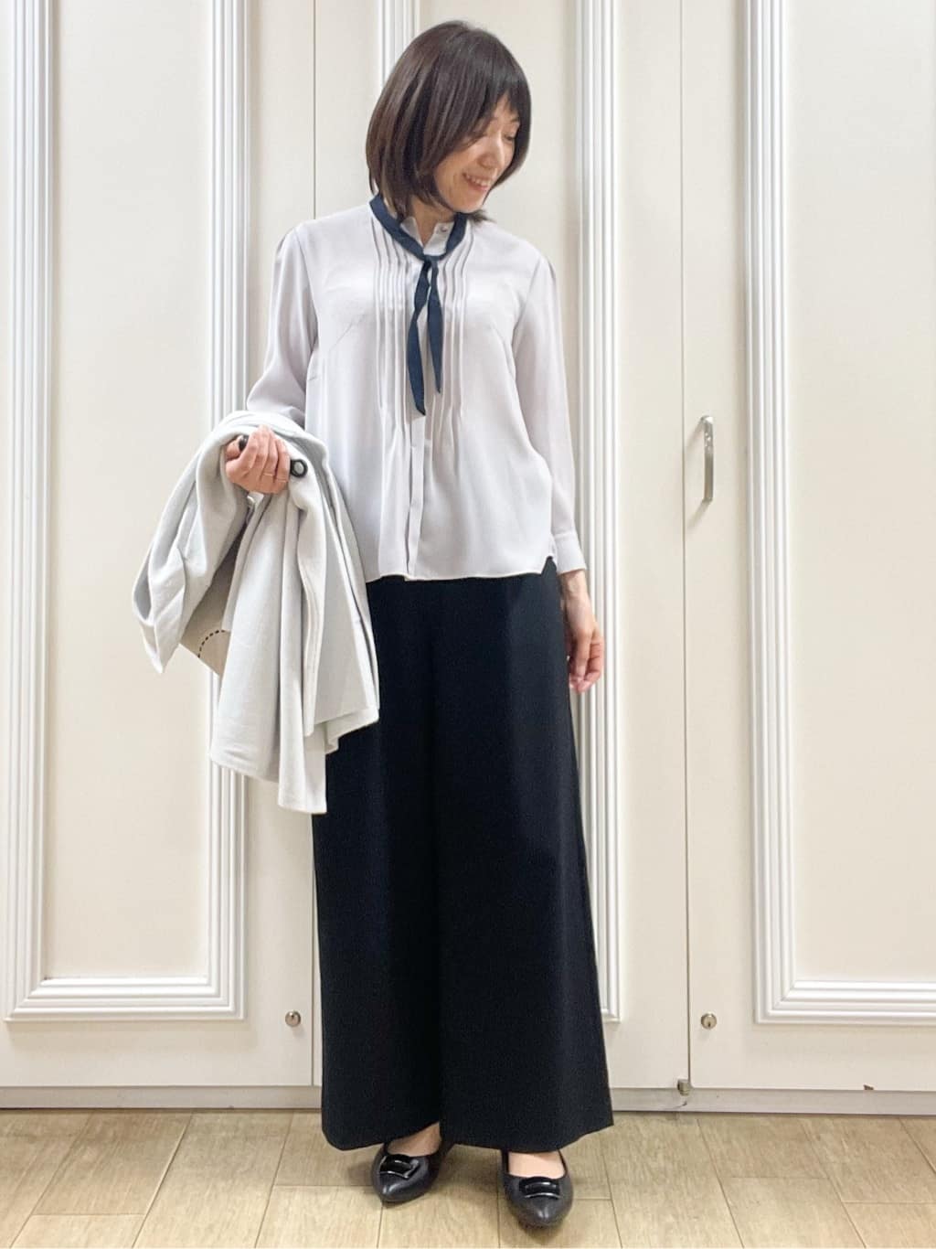 めいさんの「Reflect｜【配色ボウタイ付き】八分袖ジョーゼットブラウス」を使ったコーディネート