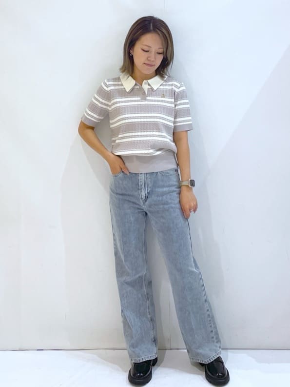 manaさんの「OPAQUE.CLIP｜ランダムボーダーケーブルポロニット【洗濯機洗い可／抗ピル】」を使ったコーディネート