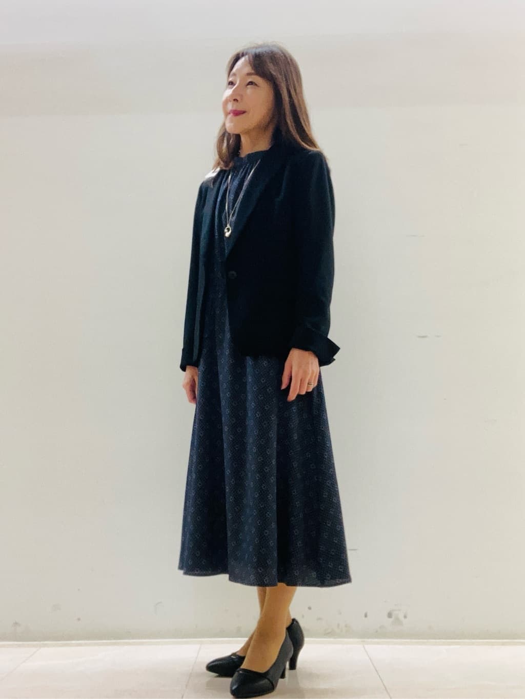 kurodaさんの「Reflect｜【きちんと見え／通勤／セレモニーにおすすめ◎】ドット&times;ダイヤ柄ワンピース」を使ったコーディネート
