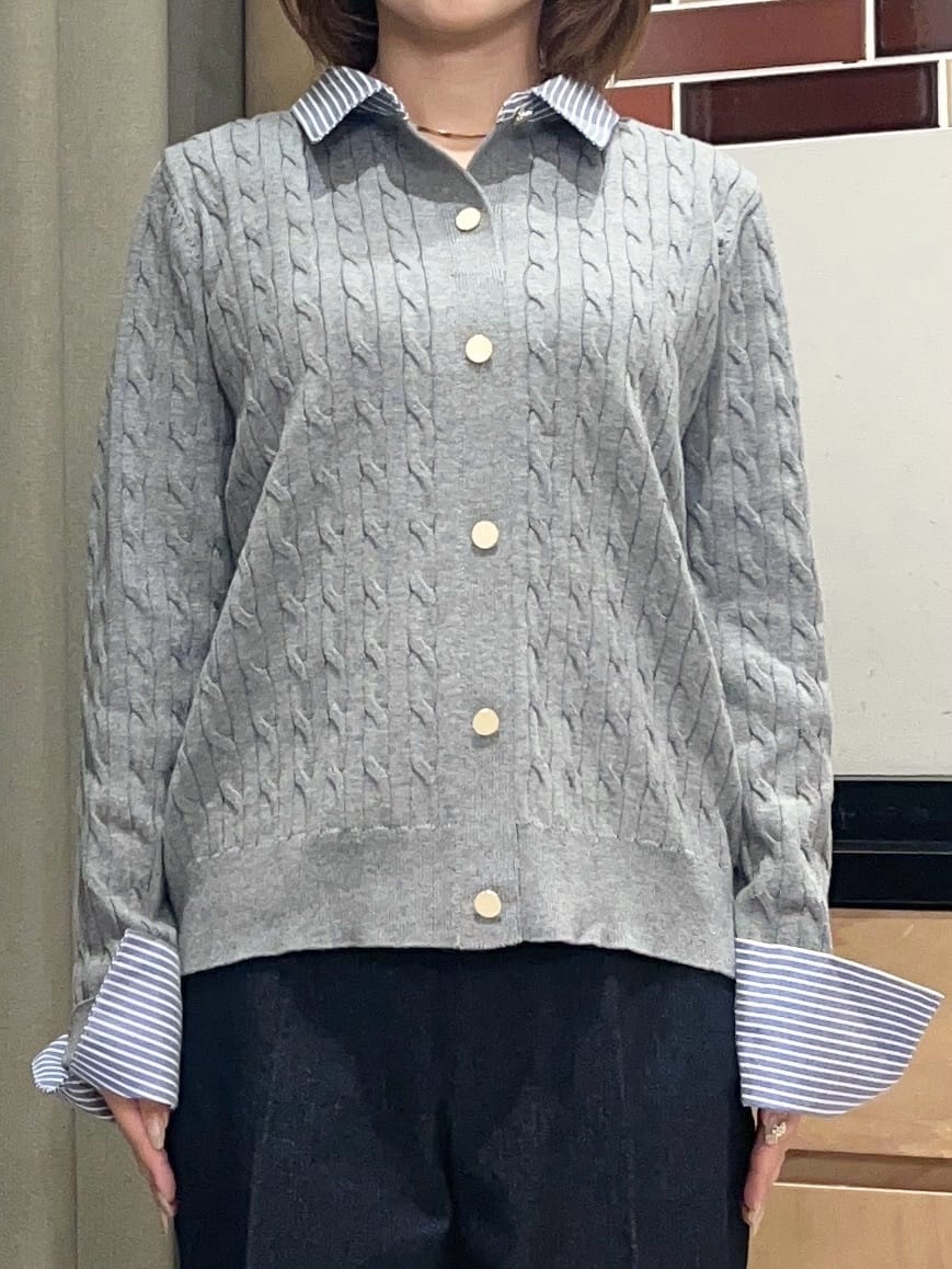 かのさんの「THE SHOP TK｜【着るだけでコーデ完成】シャツレイヤード風 ケーブルニット」を使ったコーディネート