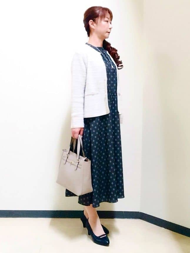 花さんの「Reflect｜【きちんと見え／通勤／セレモニーにおすすめ◎】ドット&times;ダイヤ柄ワンピース」を使ったコーディネート