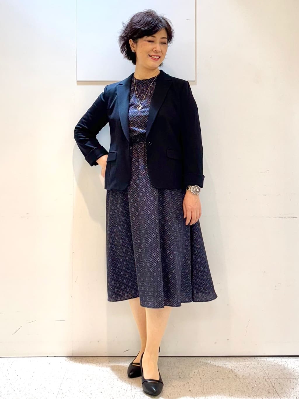 ヤスコさんの「Reflect｜【きちんと見え／通勤／セレモニーにおすすめ◎】ドット&times;ダイヤ柄ワンピース」を使ったコーディネート