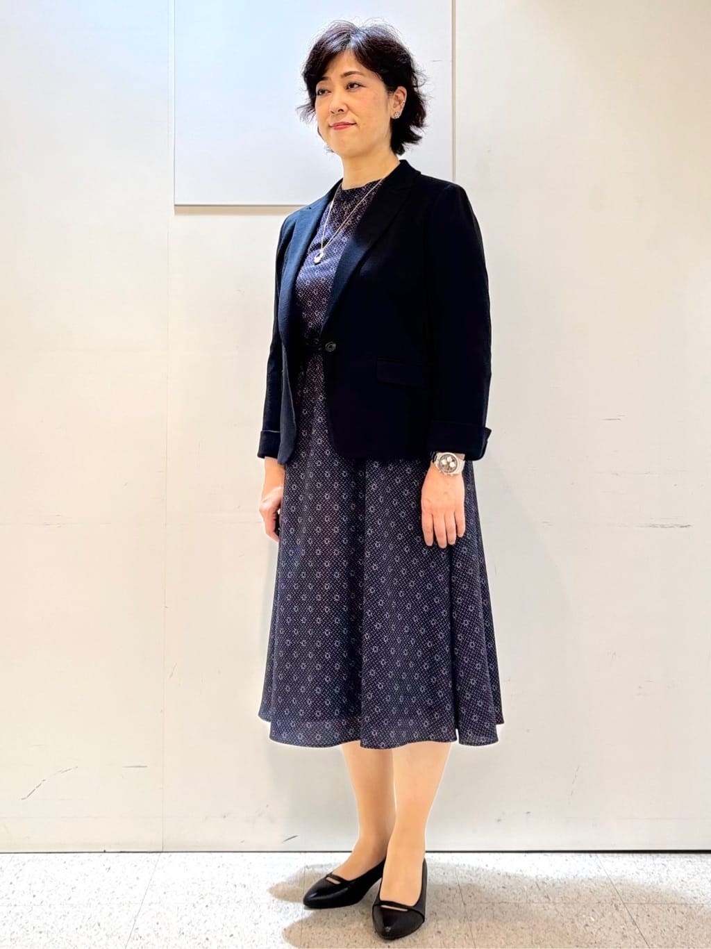 ヤスコさんの「Reflect｜【きちんと見え／通勤／セレモニーにおすすめ◎】ドット&times;ダイヤ柄ワンピース」を使ったコーディネート