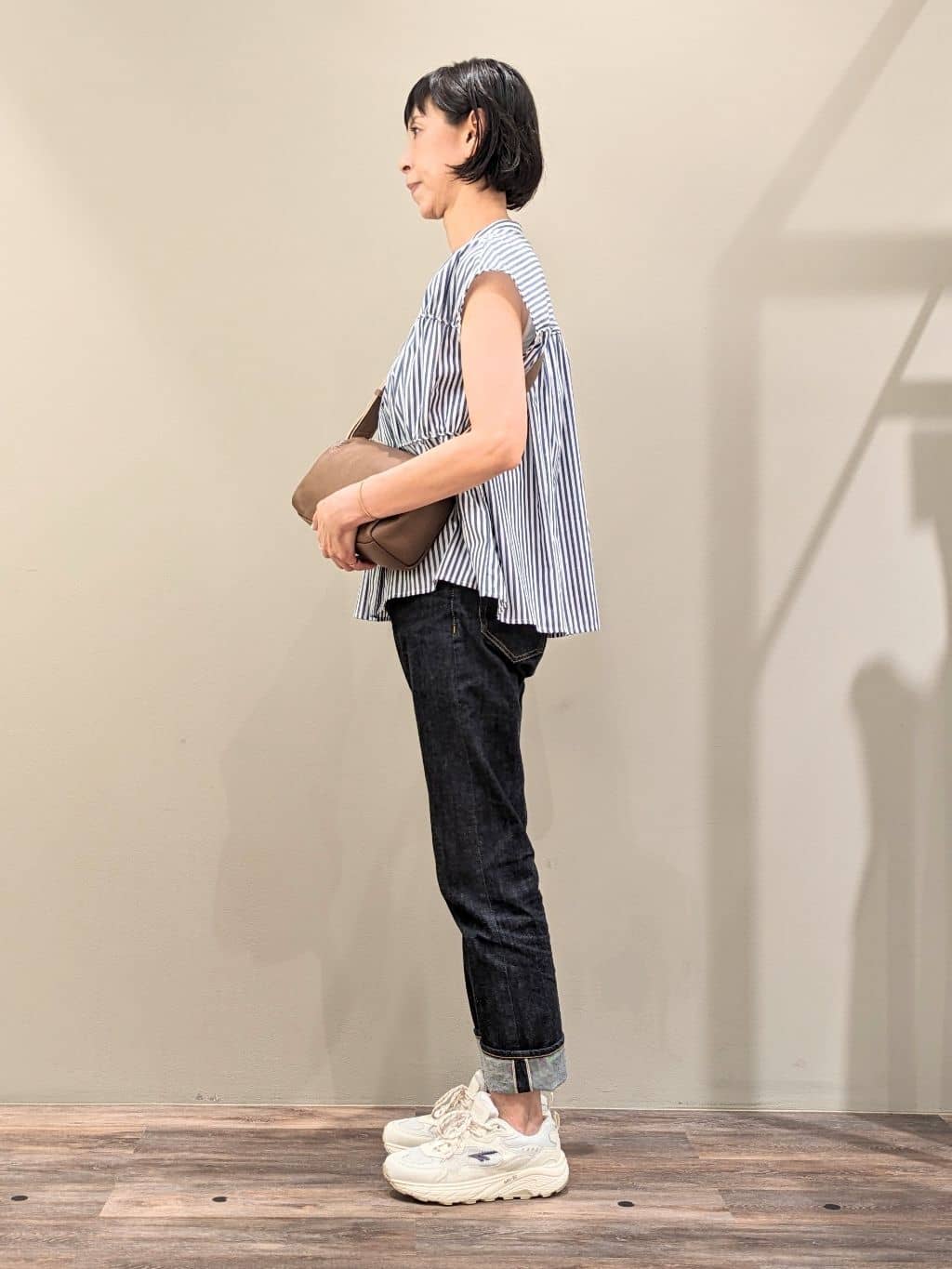 micoさんの「Dessin｜【洗える】ストライプ柄ギャザーブラウス」を使ったコーディネート