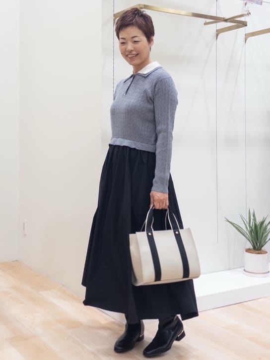 シュウコさんの「grove｜【時短コーデ】ポロニットドッキングワンピース」を使ったコーディネート