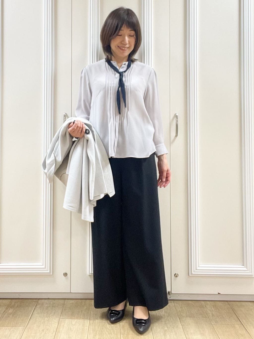 めいさんの「Reflect｜【配色ボウタイ付き】八分袖ジョーゼットブラウス」を使ったコーディネート