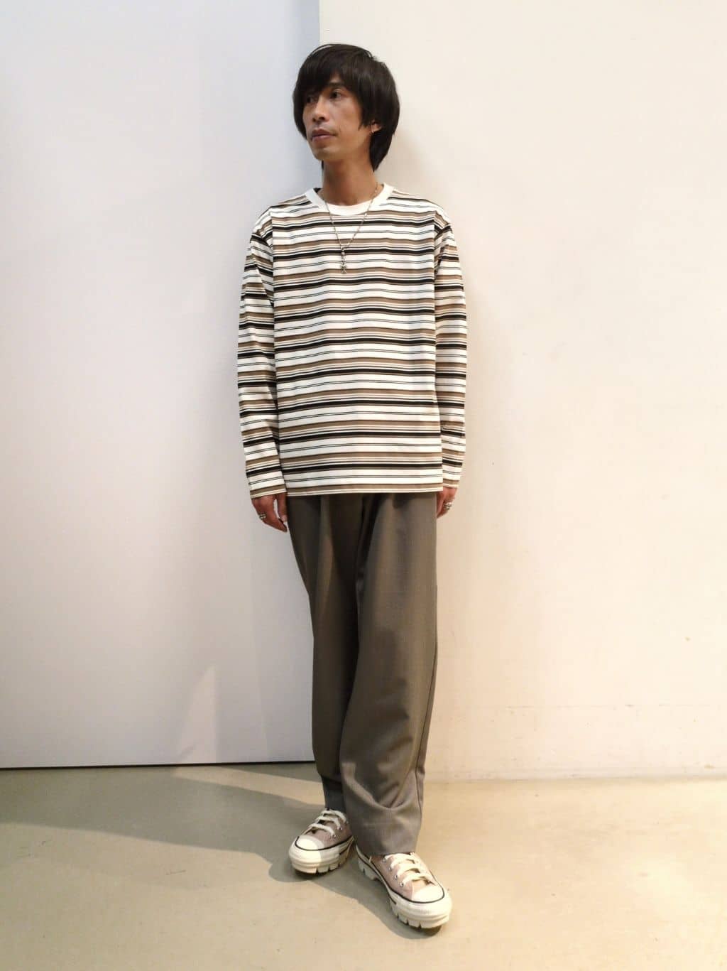 takeさんの「THE SHOP TK｜ランダムボーダー長袖タフTシャツ 【洗濯機OK】」を使ったコーディネート