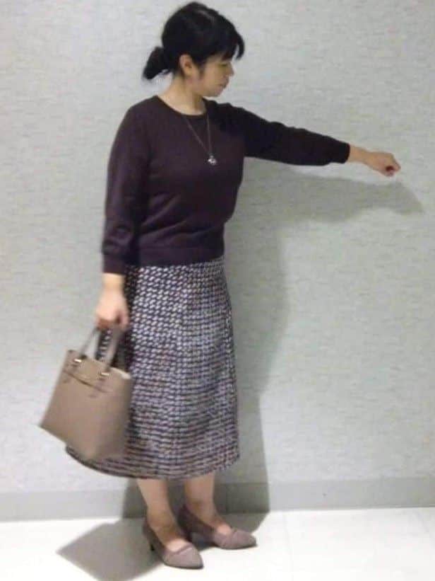 sakoさんの「Reflect｜【ニットスタイルが華やかに◎】チドリ風プリントフレアスカート」を使ったコーディネート