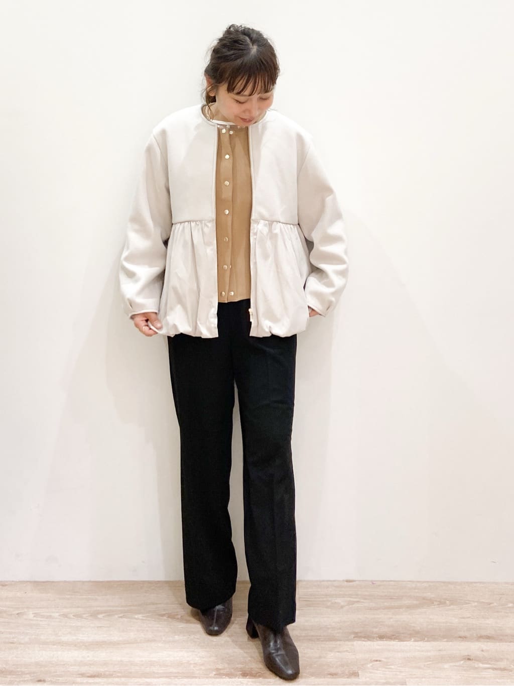 risayanさんの「OPAQUE.CLIP｜ウールライクペプラムドッキングアウター【洗濯機洗い可】」を使ったコーディネート