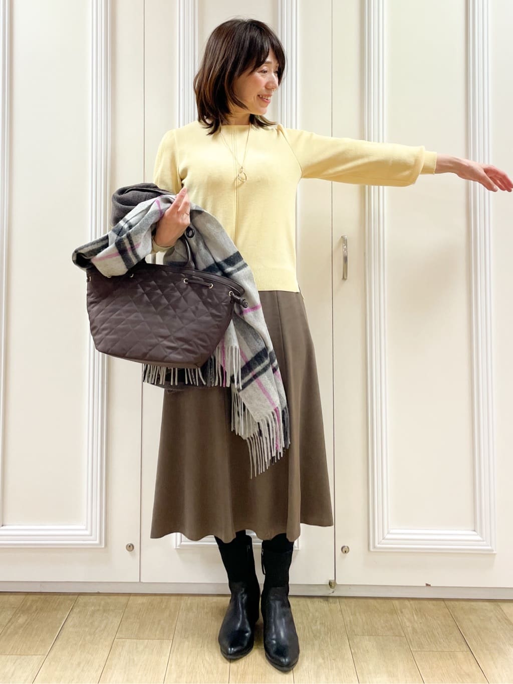 めいさんの「Reflect｜【選べる8色／スカートにもパンツにも◎】ウール混ボートネックニット」を使ったコーディネート
