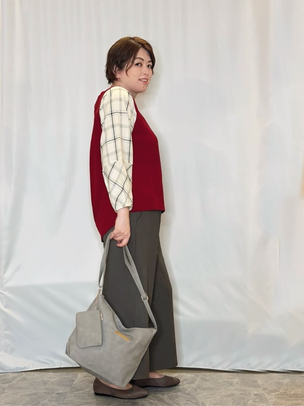 たみさんの「SHOO･LA･RUE｜【高レビュー/S-LL】1枚で決まる お袖チェック 異素材使いトップス」を使ったコーディネート