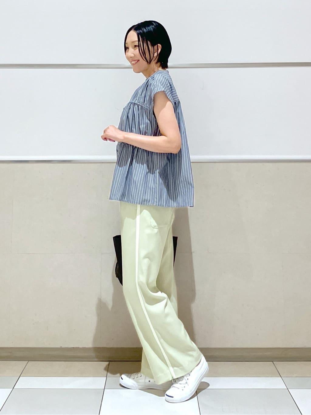 eriko さんの「Dessin｜【洗える】ストライプ柄ギャザーブラウス」を使ったコーディネート