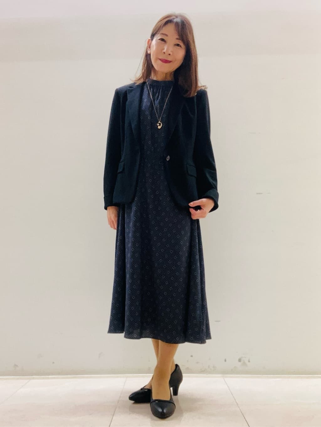 kurodaさんの「Reflect｜【きちんと見え／通勤／セレモニーにおすすめ◎】ドット&times;ダイヤ柄ワンピース」を使ったコーディネート