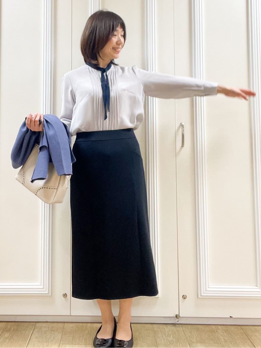 めいさんの「Reflect｜【配色ボウタイ付き】八分袖ジョーゼットブラウス」を使ったコーディネート